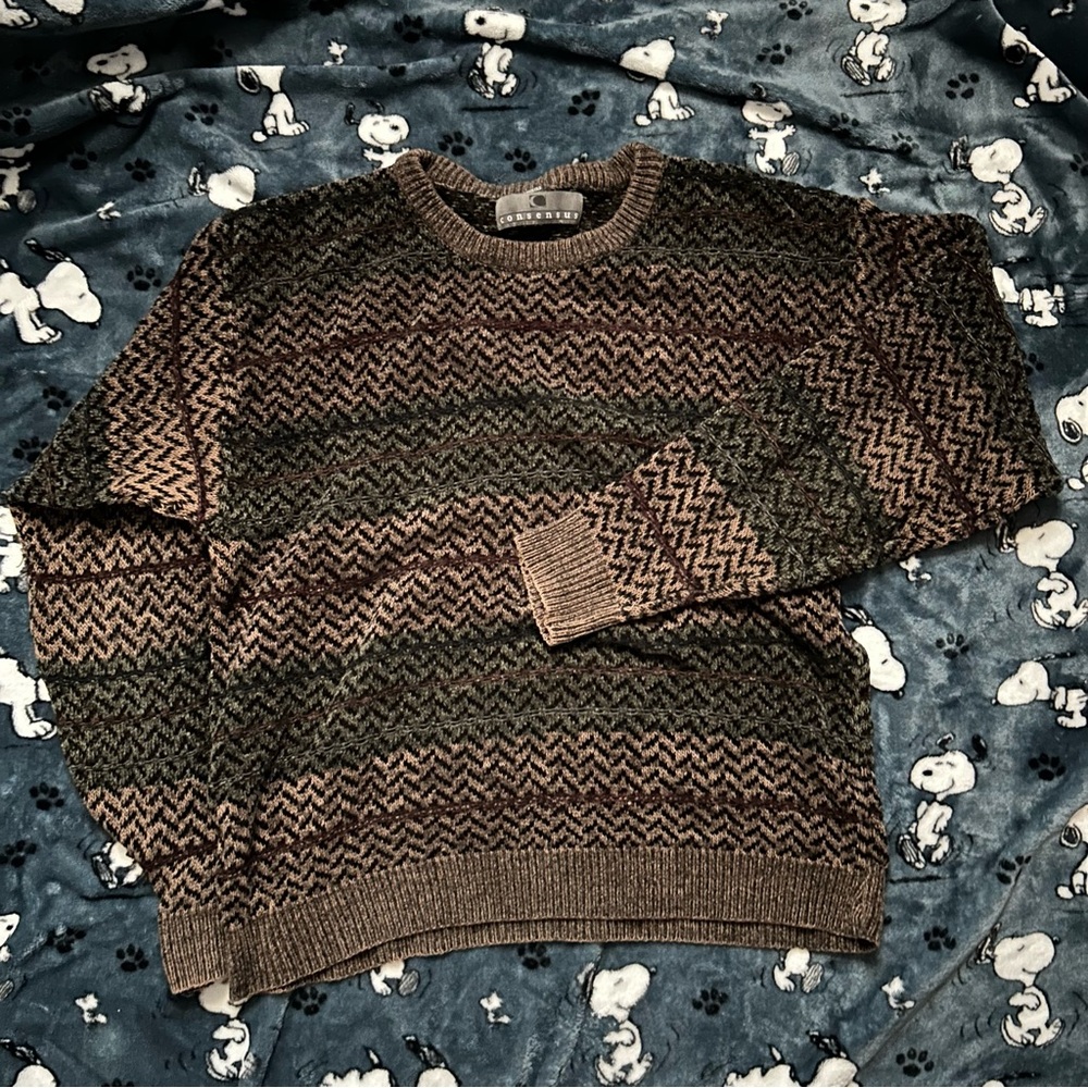 Brown and Green Crewneck Sweater with Textured Knit